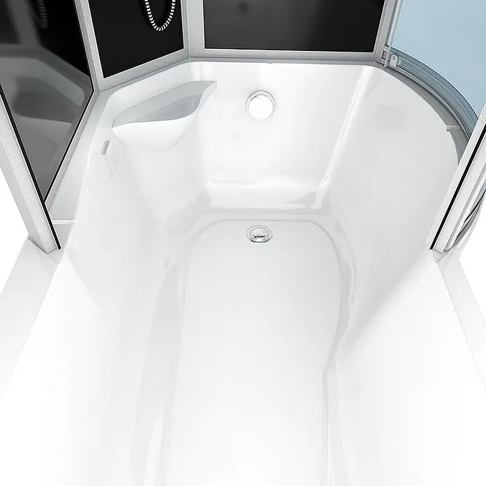 AcquaVapore Komplettdusche Fertigdusche K55-L33-EC - Schwarz - Weiße Duschkabine/Duschwanne mit rutschhemmendem Boden, Abfluss und transparenten/schwarzen Paneelen.