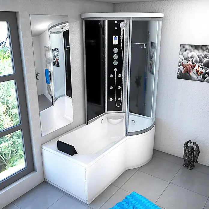 AcquaVapore Komplettdusche Fertigdusche K55-L33-EC - Schwarz - Moderne Eck-Dusch-Badewannen-Kombination mit schwarzem Duschpaneel und Armaturen, im Badezimmer installiert.