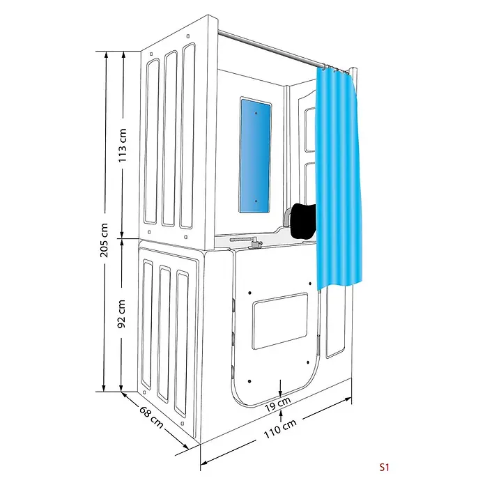 AcquaVapore Komplettdusche Fertigdusche S08D-A-R - 68 x 110 x 205 cm, Weiß - Weiße Duschkabine mit blauer Innenwand, schwarzem Klappsitz und blauem Duschvorhang an einer Stange, Maße angezeigt.