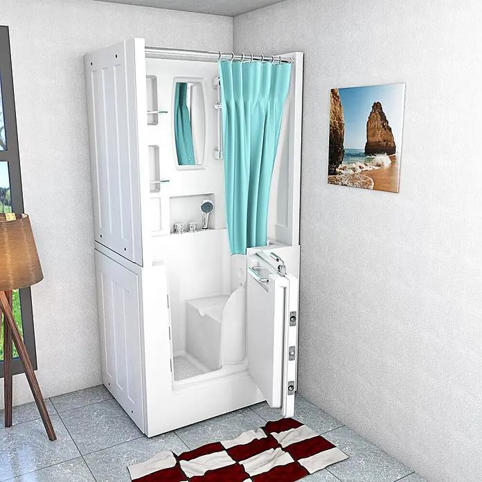AcquaVapore Komplettdusche Fertigdusche S02D-C-R - 100 x 78 x 205 cm, Weiß - Weißes, modulares Duschsystem mit türkisem Vorhang, integriertem Sitz und barrierefreier Tür für einfachen Zugang.
