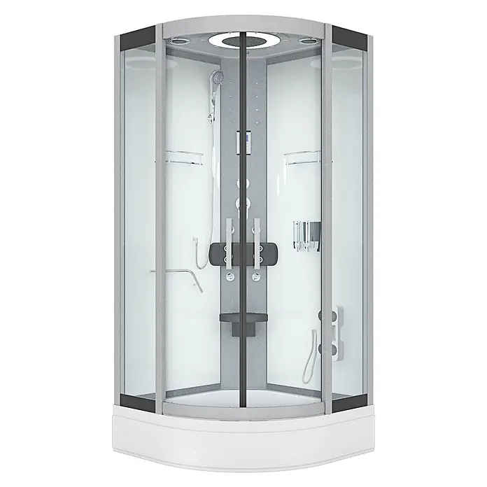 AcquaVapore Komplettdusche Fertigdusche D58-50T0 - 90 x 90 x 225 cm, Weiß - Moderne Viertelkreis-Duschkabine mit grauen Strukturbahnen, transparenten Glastüren, Mehrstrahl-Duschsystem, integriertem Sitz und Chromarmaturen.