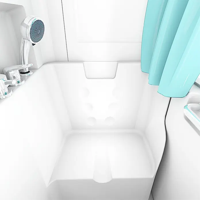 AcquaVapore Komplettdusche Fertigdusche S02D-C-R - 100 x 78 x 205 cm, Weiß - Moderne weiße Badewanne mit integriertem Duschkopf und blauem Duschvorhang.