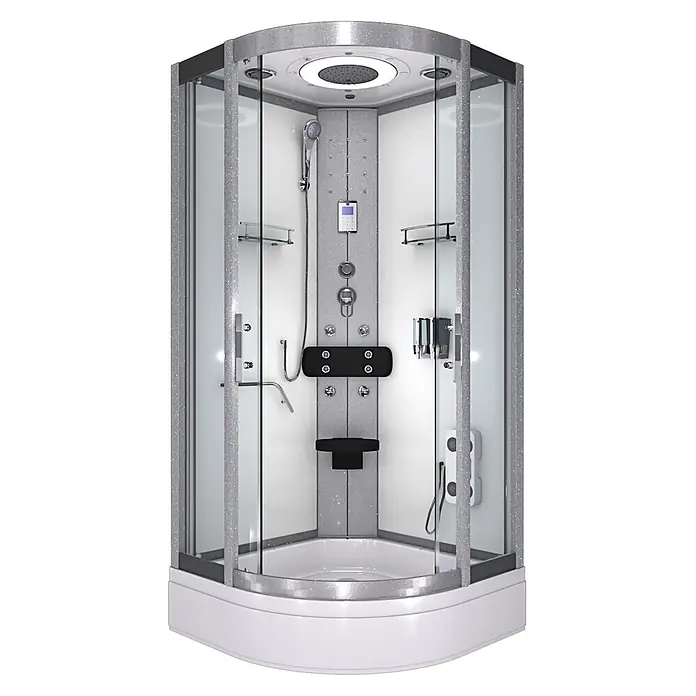 AcquaVapore Komplettdusche Fertigdusche D58-50T0 - 90 x 90 x 225 cm, Weiß - Moderne Eckduschkabine mit glitzerndem Silberrahmen, weißen Paneelen, mehreren Duschköpfen, Massagedüsen und Bedienfeld.