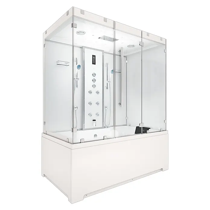 AcquaVapore Komplettdusche Dampfdusche K80-WS-TH-C-EC - Weiß - Weiße Duschkabine mit klaren Glaspaneelen, integrierter Badewanne und Multi-Jet-Duschsystem.