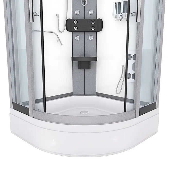 AcquaVapore Komplettdusche Fertigdusche D58-50T0 - 90 x 90 x 225 cm, Weiß - Weiße und graue Eckduschkabine mit Glaswänden und Chromarmaturen.