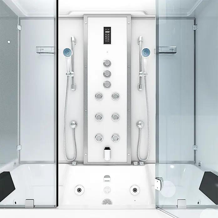 AcquaVapore Komplettdusche Dampfdusche K80-WS-TH-C-EC - Weiß - Moderne weiße Hydromassage-Duschkabine mit zentralem Bedienfeld, zwei Duschköpfen, Massagedüsen und integrierter Badewanne.