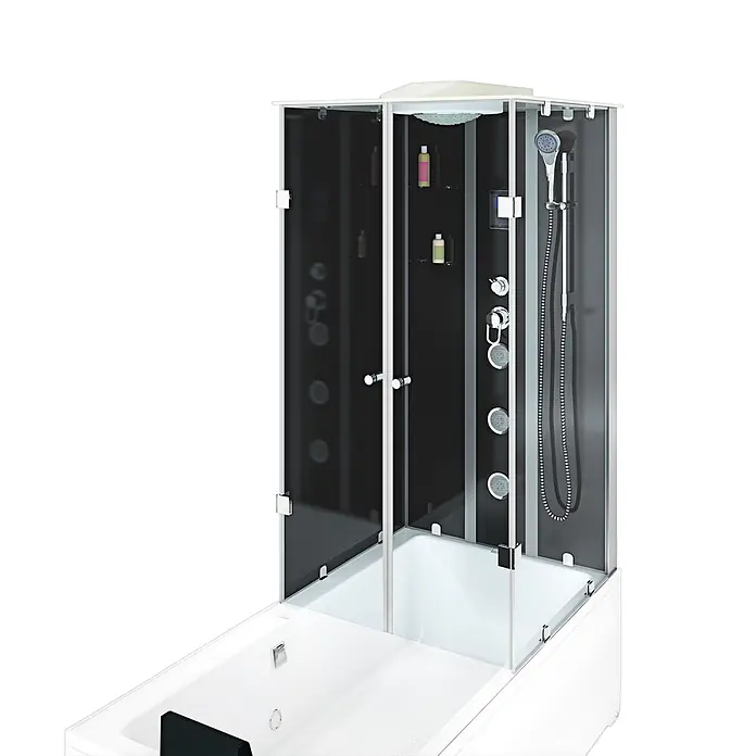 AcquaVapore Komplettdusche Fertigdusche K05-L31 - Schwarz - Weiße Badewanne mit schwarzer und klarer Glasduschkabine, Kopf-, Hand- und Körperbrausen.