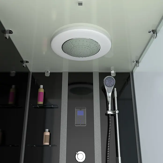 AcquaVapore Komplettdusche Fertigdusche K05-L31 - Schwarz - Innenansicht einer modernen Duschkabine mit schwarzen Paneelen, weißer Decke, Regenbrause, Handbrause, digitalen Bedienelementen und Ablagen.