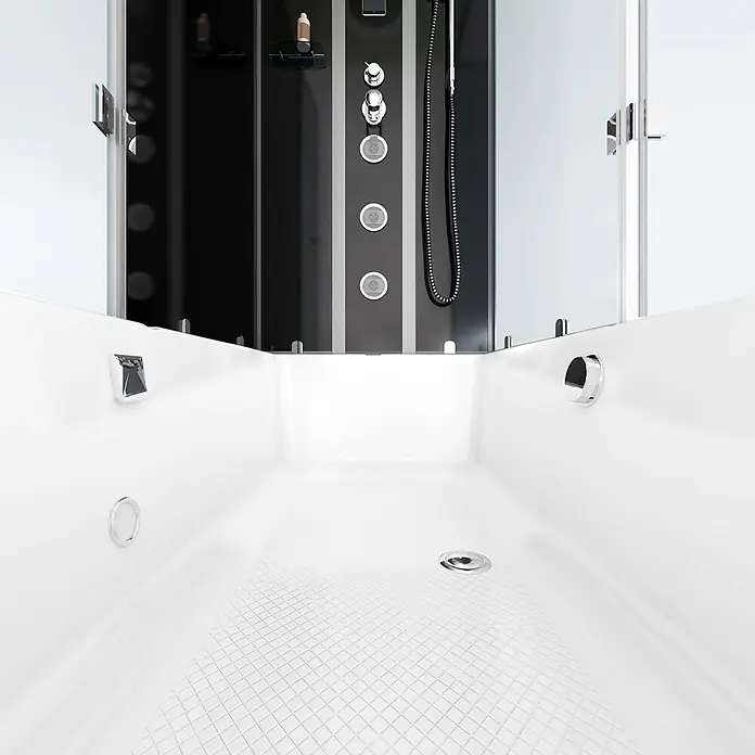 AcquaVapore Komplettdusche Fertigdusche K05-L31 - Schwarz - Weiße Dusch-Badewannen-Kombination mit schwarzem Duschpaneel, Chromarmaturen und Düsen, mit strukturiertem Wannenboden.