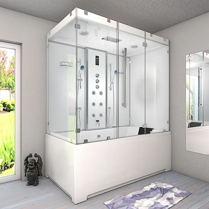 AcquaVapore Komplettdusche Dampfdusche K80-WS-TH-C-EC - Weiß - Moderne weiße Duschkabine mit klaren Glaspaneelen, integrierter Badewanne und Massagedüsen-Duschsystem.