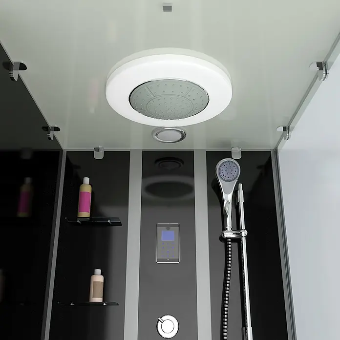 AcquaVapore Komplettdusche Fertigdusche K05-L31 - Schwarz - Inneres einer modernen Duschkabine mit Regendusche, Handbrause, digitalem Bedienfeld und Chrom-Schwarz-Akzenten.