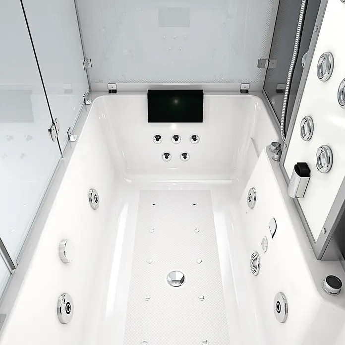 AcquaVapore Komplettdusche Dampfdusche K80-SW-EH-C-EC-SC - Schwarz - Weisse High-Tech-Whirlpool-Badewanne mit Chromdüsen, Digitalbildschirm und Glasabtrennungen.