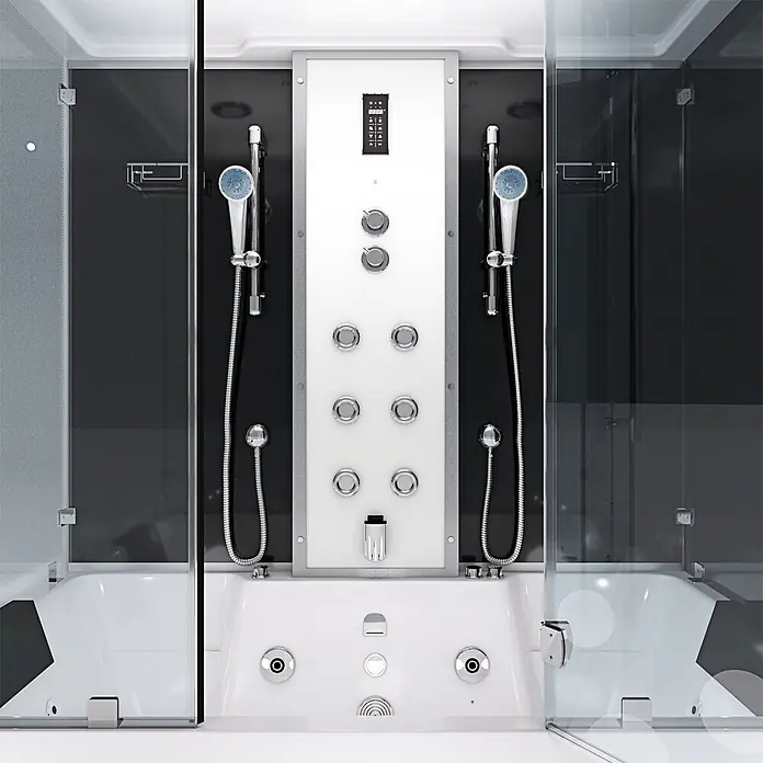 AcquaVapore Komplettdusche Dampfdusche K80-SW-EH-C-EC-SC - Schwarz - Weiße und schwarze Dusch-Badewannen-Kombination mit Chrom-Bedienfeld und zwei Handbrausen.
