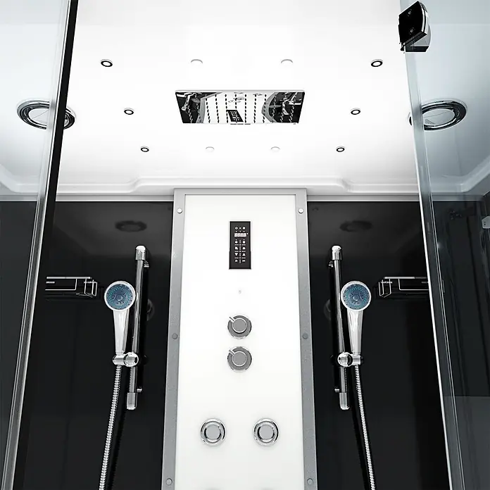 AcquaVapore Komplettdusche Dampfdusche K80-SW-EH-C-EC-SC - Schwarz - Innenansicht einer modernen Multifunktions-Duschkabine mit digitalen Bedienelementen und Chrom-Duschköpfen.
