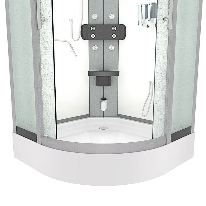 AcquaVapore Komplettdusche Dampfdusche D58-00M3 - 80 x 80 x 215 cm, Weiß - Eckduschkabine mit mattiertem Glas, grauem Bedienfeld, Handbrause und weißer Duschwanne.