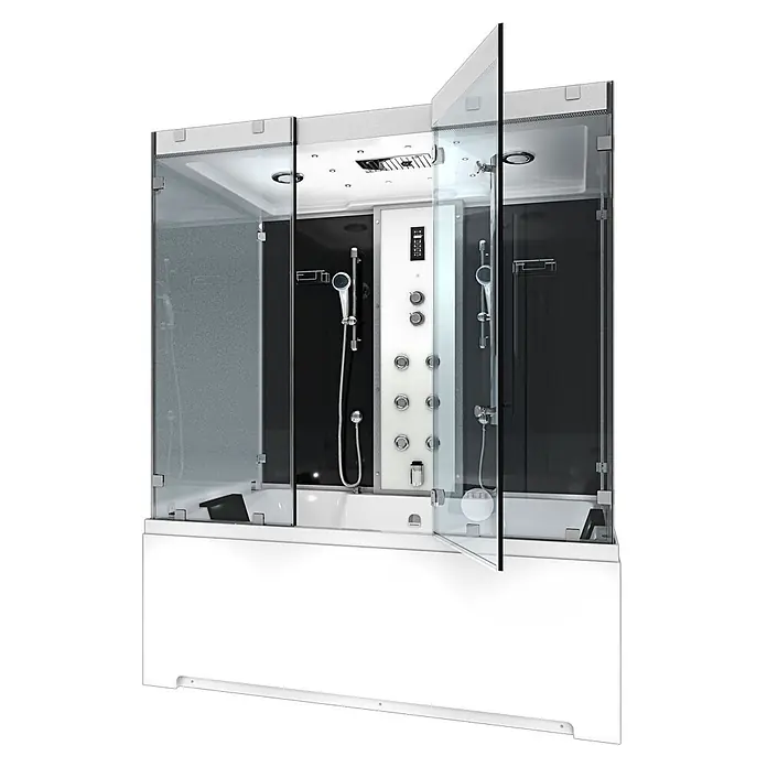 AcquaVapore Komplettdusche Dampfdusche K80-SW-EH-C-EC-SC - Schwarz - Moderne weiße und schwarze Glas-Duschkabine mit integrierter Badewanne, Regendusche, Handbrause und Massagedüsen. Eine Glastür ist geöffnet.