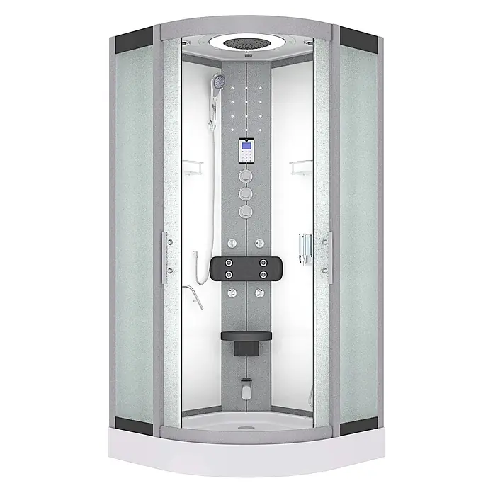 AcquaVapore Komplettdusche Dampfdusche D58-00M3 - 80 x 80 x 215 cm, Weiß - Moderne Eckduschkabine mit grauen Texturpaneelen, Milchglas, Bedienfeld, mehreren Duschfunktionen und Klappsitz.