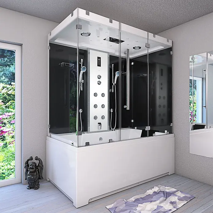 AcquaVapore Komplettdusche Dampfdusche K80-SW-EH-C-EC-SC - Schwarz - Moderne Duschkabine mit integrierter Whirlpool-Badewanne, klaren Glaspaneelen, schwarzen Akzenten und Bedienfeld.