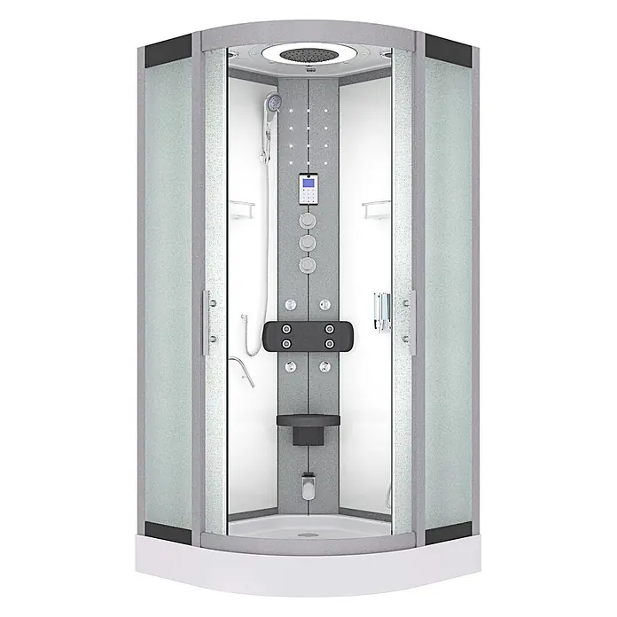 AcquaVapore Komplettdusche Dampfdusche D58-00M3 - 80 x 80 x 215 cm, Weiß - Moderne Eckduschkabine mit mattierten Glastüren, grauem Rahmen, integriertem Sitz und digitalem Bedienfeld.