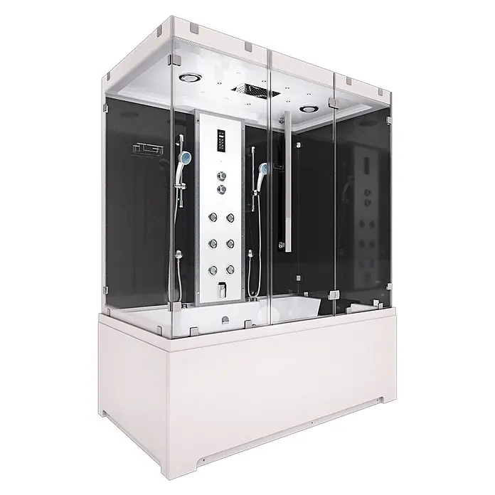 AcquaVapore Komplettdusche Dampfdusche K80-SW-EH-C-EC-SC - Schwarz - Moderne Dusch-Badewannen-Kombination mit weißem Sockel, Glaswänden, dunklen Paneelen und Multifunktions-Duschsystem.