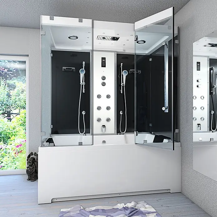 AcquaVapore Komplettdusche Dampfdusche K80-SW-EH-C-EC-SC - Schwarz - Moderne weiß-schwarze Duschkabine mit integrierter Badewanne, Glastüren und mehreren Düsen.