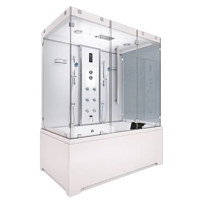 AcquaVapore Komplettdusche Dampfdusche K80-WS-EH-B-SC - Weiß - Moderne weiße Duschkabine mit integrierter Badewanne und Multi-Jet-Duschsystem, umgeben von Klarglaswänden.