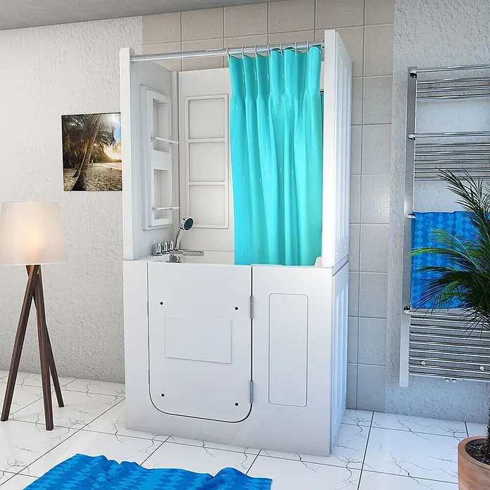 AcquaVapore Komplettdusche Fertigdusche S08D-TH-B-R - Weiß - Weiße barrierefreie Badewanne mit blauem Duschvorhang für zugängliches Duschen.