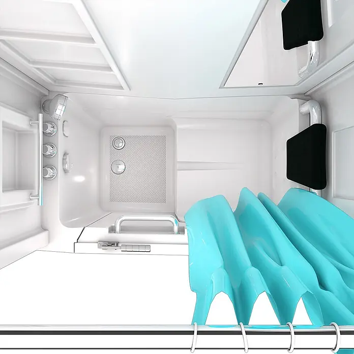AcquaVapore Komplettdusche Fertigdusche S08D-TH-B-R - Weiß - Innenansicht einer futuristischen weißen Duschkabine mit Chromarmaturen und einem gefalteten türkisen Duschvorhang.
