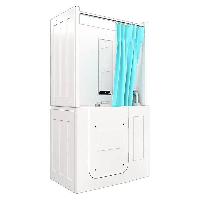 AcquaVapore Komplettdusche Fertigdusche S08D-TH-B-R - Weiß - Weiße begehbare Badewanne mit integrierter Duschkabine und blauem Duschvorhang.