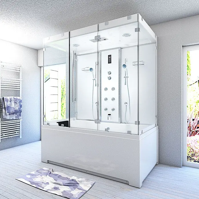 AcquaVapore Komplettdusche Dampfdusche K80-WS-EH-B-SC - Weiß - Weiße All-in-One Dusch- und Badewannenkombination mit Glasabtrennung und Bedienfeld in einem hellen Badezimmer.