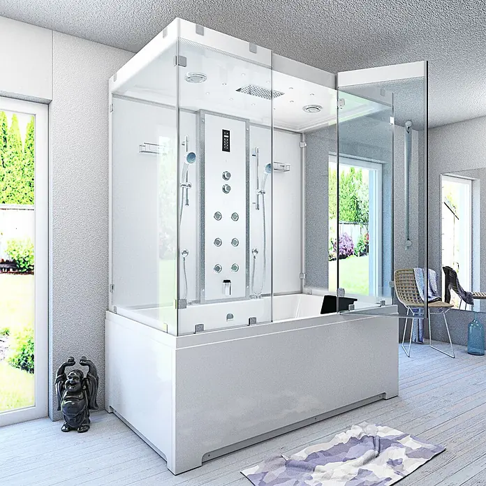 AcquaVapore Komplettdusche Dampfdusche K80-WS-EH-B-SC - Weiß - Weißes multifunktionales Dampf-Dusch-Badewannen-Kombisystem mit Glasgehäuse und Chromarmaturen.