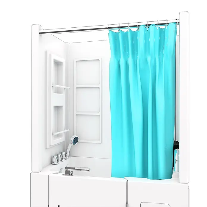 AcquaVapore Komplettdusche Fertigdusche S08D-TH-B-R - Weiß - Weißes barrierefreies Wannen-Dusch-Kombinationssystem mit Haltegriffen und Ablagen, akzentuiert durch einen türkisfarbenen Duschvorhang.