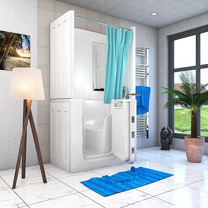 AcquaVapore Komplettdusche Fertigdusche S08D-TH-B-R - Weiß - Weiße barrierefreie Duschkabine mit Sitz und Tür, in einem modernen Badezimmer installiert.