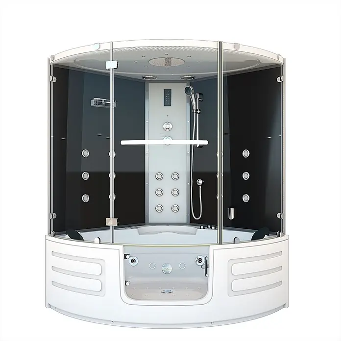 AcquaVapore Komplettdusche Dampfdusche K70-SW-EH-SC - Schwarz - Weiße Hydromassage-Duschkabine mit integrierter Badewanne, Glasumhausung und schwarzen Rückwänden.