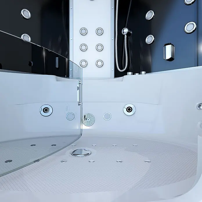 AcquaVapore Komplettdusche Dampfdusche K70-SW-EH-SC - Schwarz - Moderne weiße und schwarze Hydromassage-Duschkabine mit integrierter Badewanne und mehreren Düsen.