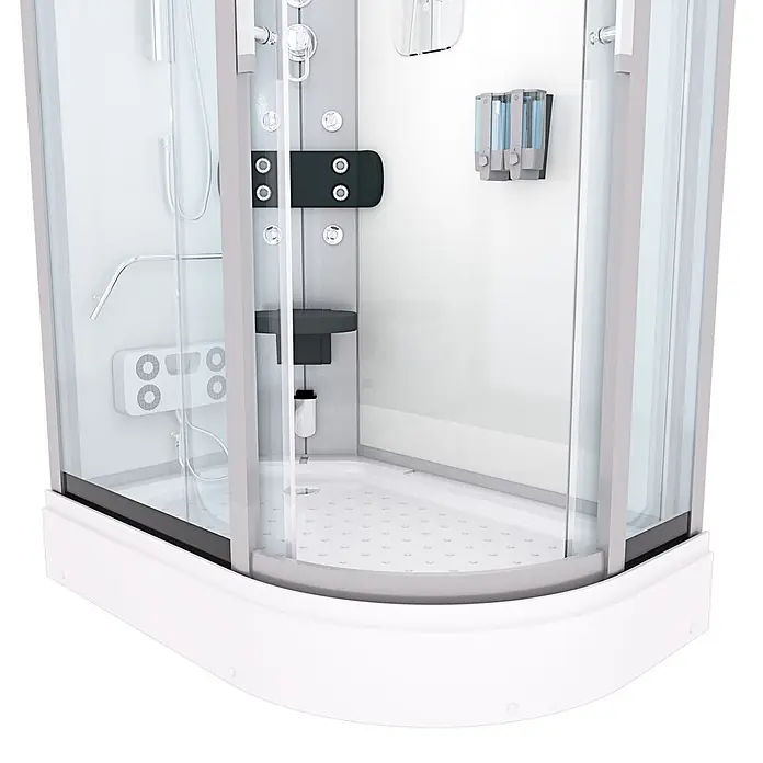 AcquaVapore Komplettdusche Dampfdusche D60-70T2R - Weiß - Moderne weiße Viertelkreis-Duschkabine mit Glastüren, Massagedüsen, Bedienfeld, Sitz und Seifenspendern.