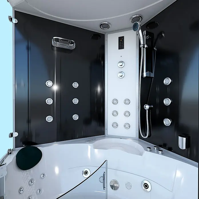 AcquaVapore Komplettdusche Dampfdusche K70-SW-EH-SC - Schwarz - Moderne schwarz-weiße Duschkabine mit integrierter Badewanne, Hydromassagedüsen, digitalem Bedienfeld und Handbrause.
