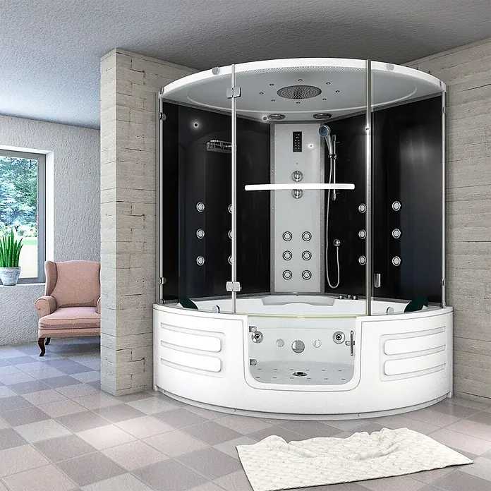 AcquaVapore Komplettdusche Dampfdusche K70-SW-EH-SC - Schwarz - Moderne weiße und schwarze Eckduschkabine mit Badewanne, Glastüren und Jets.