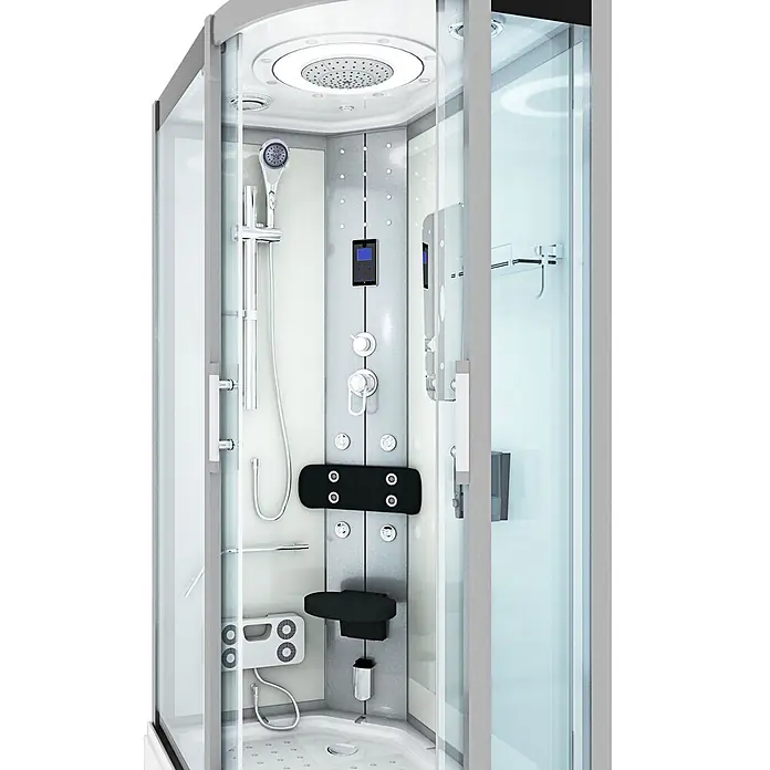 AcquaVapore Komplettdusche Dampfdusche D60-70T2R - Weiß - Moderne multifunktionale Duschkabine mit Glaspaneelen, silbernem Interieur, Kopfbrause, Handbrause, Massagedüsen, Klappsitz und Fußmassagegerät.