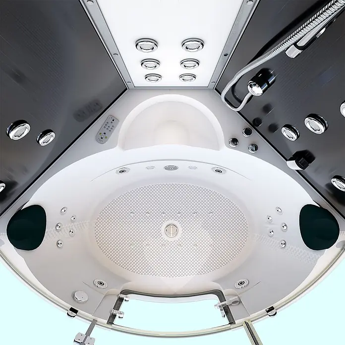 AcquaVapore Komplettdusche Dampfdusche K70-SW-EH-SC - Schwarz - Moderne weiße Dusch- und Hydromassagekabine mit dunklen Seitenwänden, Kopfbrause, Handbrause und mehreren Massagedüsen.