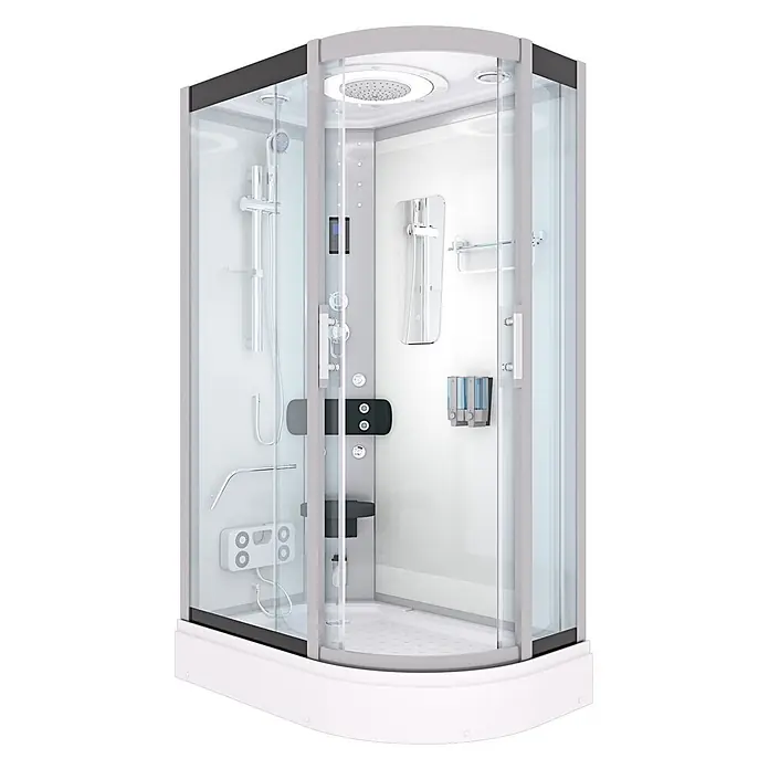 AcquaVapore Komplettdusche Dampfdusche D60-70T2R - Weiß - Moderne weiß-graue Eckduschkabine mit Glaswänden, Kopfbrause, Handbrause, Massagedüsen, Bedienfeld und Sitz.