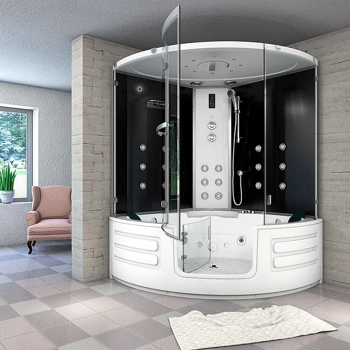 AcquaVapore Komplettdusche Dampfdusche K70-SW-EH-SC - Schwarz - Moderne Eckduschkabine mit weißer Whirlpool-Badewanne, schwarzen Paneelen, Klarglastüren und detailliertem Bedienfeld.