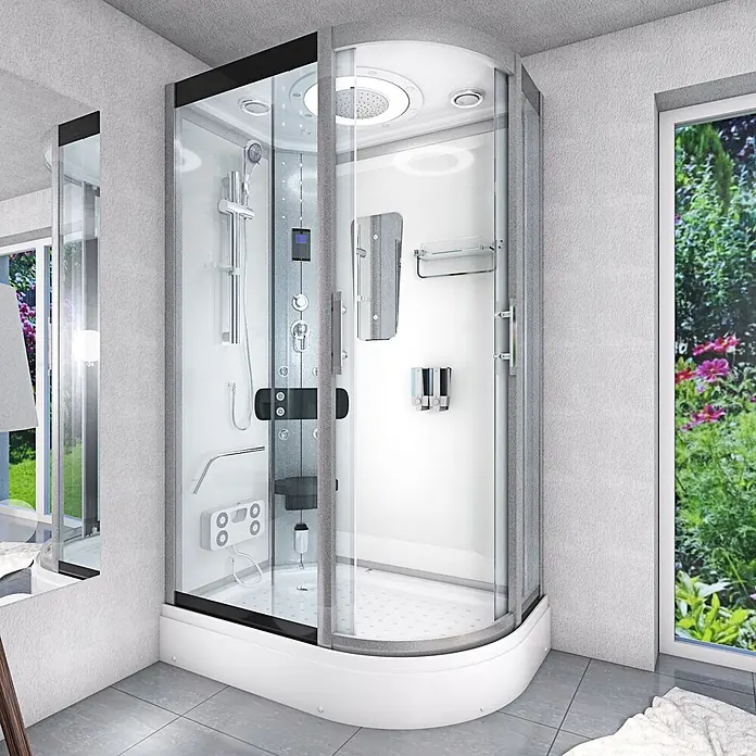 AcquaVapore Komplettdusche Dampfdusche D60-70T2R - Weiß - Moderne Eckduschkabine mit Glaswänden, weißem Sockel, internen Duschfunktionen und Regendusche.