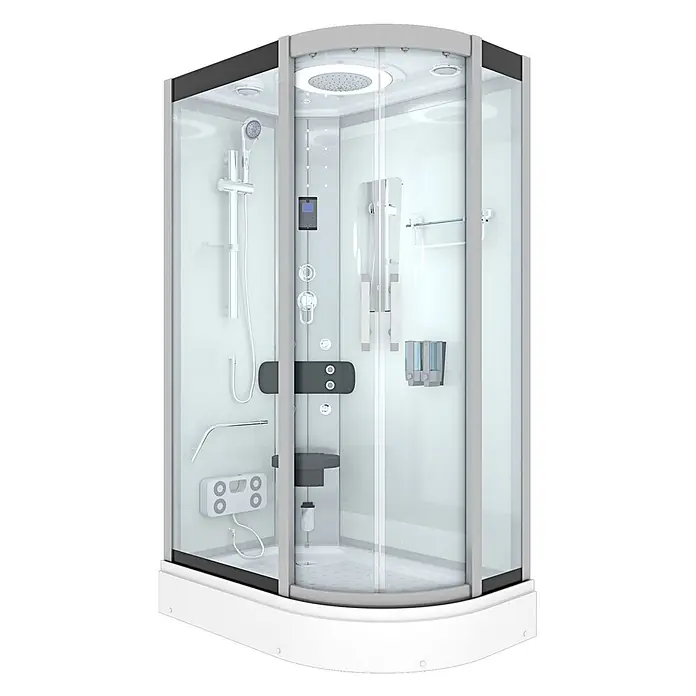 AcquaVapore Komplettdusche Dampfdusche D60-70T2R - Weiß - Eine moderne, weiß-graue Eckduschkabine mit Glastüren, mehreren Duschfunktionen, Bedienfeld und integriertem Sitz.