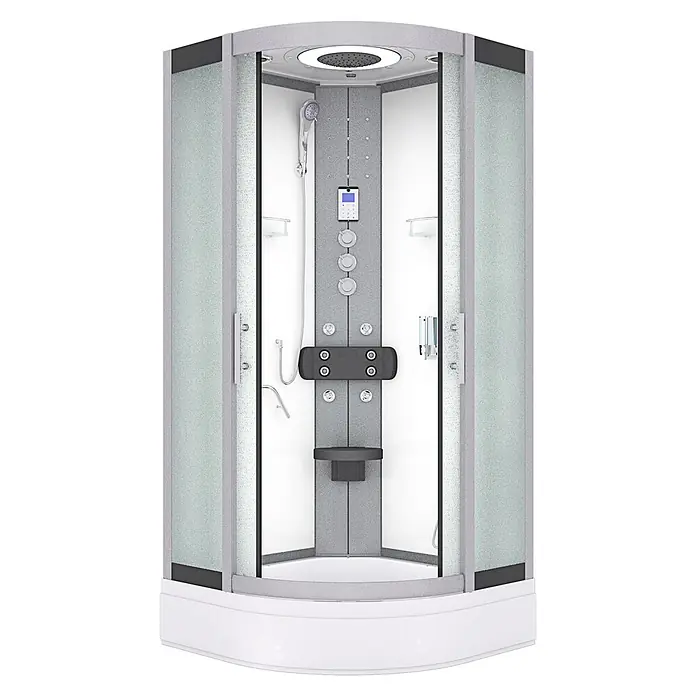 AcquaVapore Komplettdusche Fertigdusche D58-60M1 - Weiß - Weiße und graue Duschkabine mit Milchglastüren, mehreren Duschköpfen und integriertem Sitz.