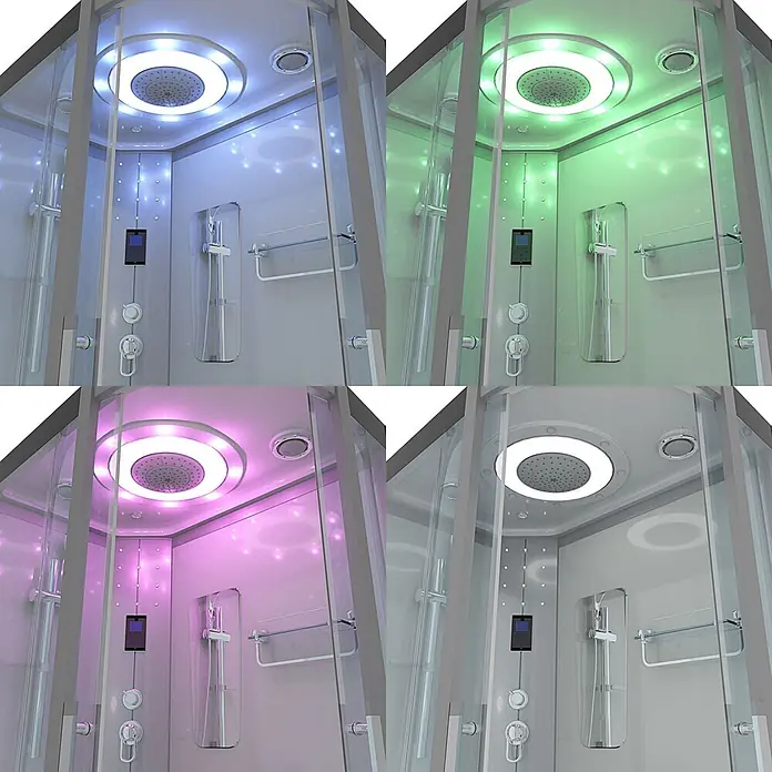AcquaVapore Komplettdusche Dampfdusche D60-70T2R - Weiß - Moderne Duschkabine aus Glas mit Regendusche und farbwechselnden LEDs in Blau, Grün, Rosa und Weiß.