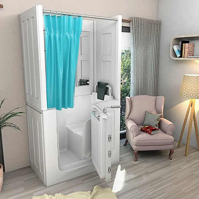 AcquaVapore Komplettdusche Fertigdusche S08D-B-R - 110 x 68 x 205 cm, Weiß - Weiße begehbare Duschkabine mit zugänglicher Tür und blauem Vorhang, für einfachen Zugang im Badezimmer.