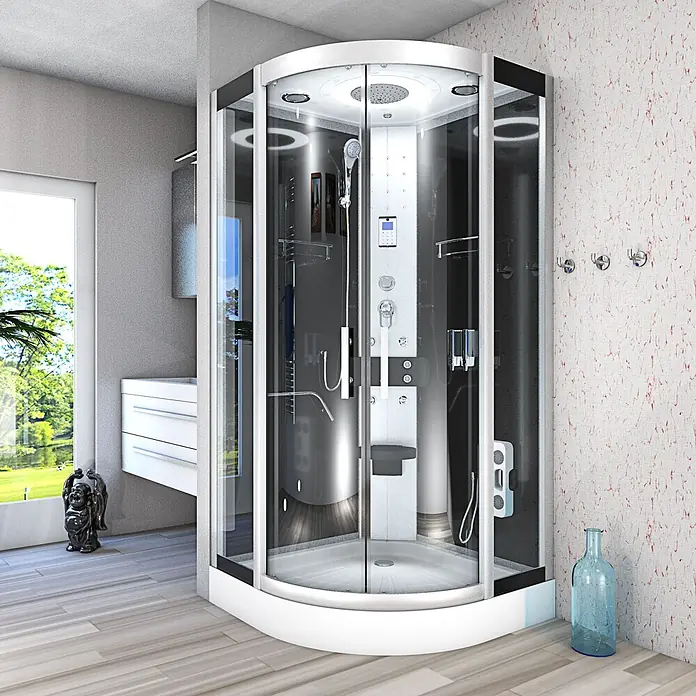 AcquaVapore Komplettdusche Fertigdusche D58-03T0-EC - 80 x 80 x 215 cm, Schwarz - Moderne Eckduschkabine mit Glaswänden, weißem Rahmen und mehreren Duschfunktionen, in einem modernen Bad installiert.