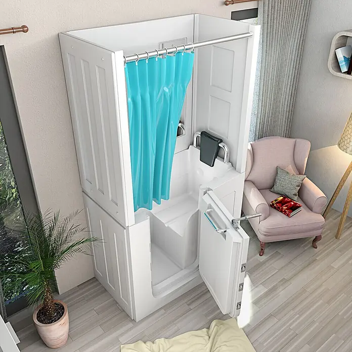 AcquaVapore Komplettdusche Fertigdusche S08D-B-R - 110 x 68 x 205 cm, Weiß - Kompakte weiße begehbare Duschkabine mit niedrigem Einstieg, integriertem Sitz und türkisfarbenem Vorhang, in gemütlichem Raum.