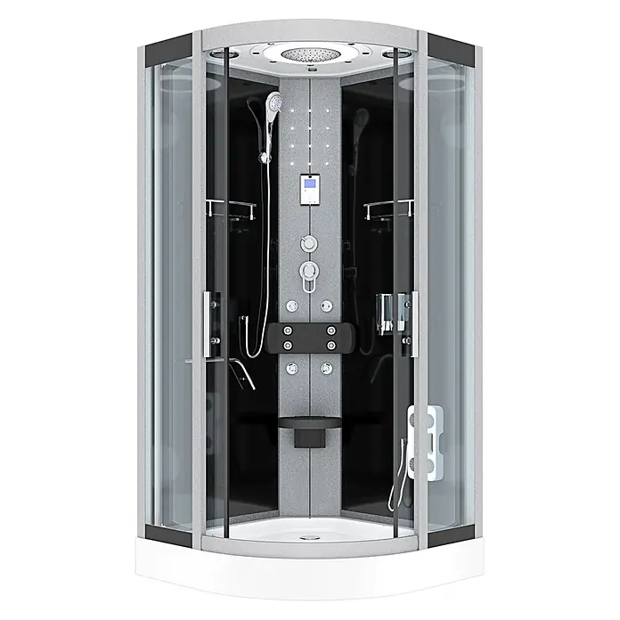 AcquaVapore Komplettdusche Fertigdusche D58-03T0-EC - 80 x 80 x 215 cm, Schwarz - Moderne Eckduschkabine mit grauen und schwarzen Paneelen, Glastüren und weißer Duschwanne, ausgestattet mit Hydromassage und Handbrause.